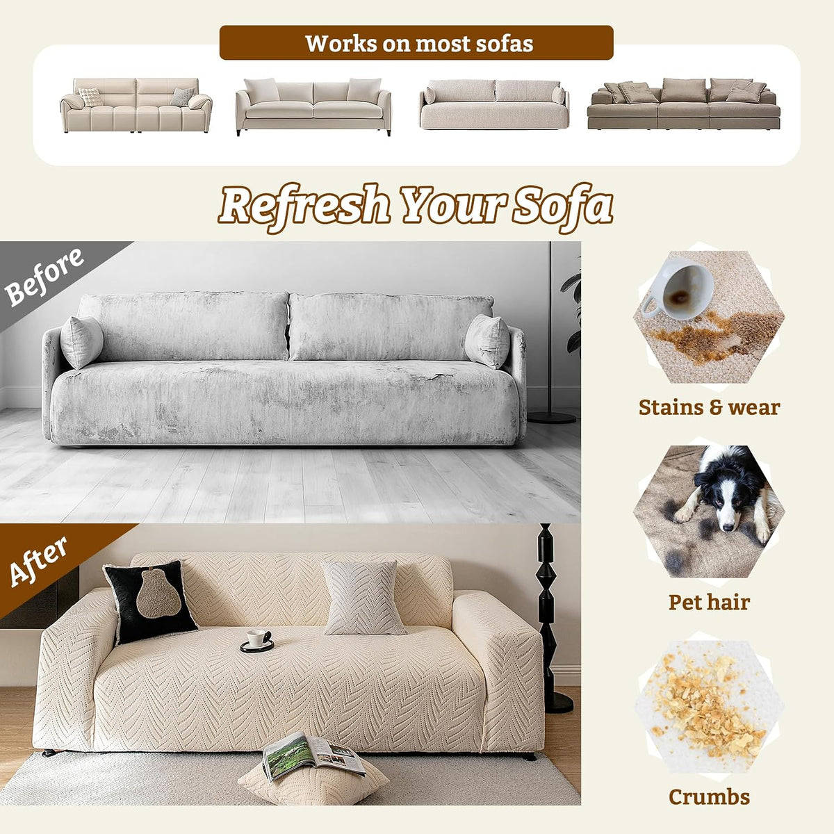 Stretch Sofa Cover for 2-3 Cushion Couch, Washable Couch Cover for Sofa & Loveseat, Non-Slip Sofa Slipcover for Furniture Protection, Soft Couch Covers for Sofa, Pet Friendly