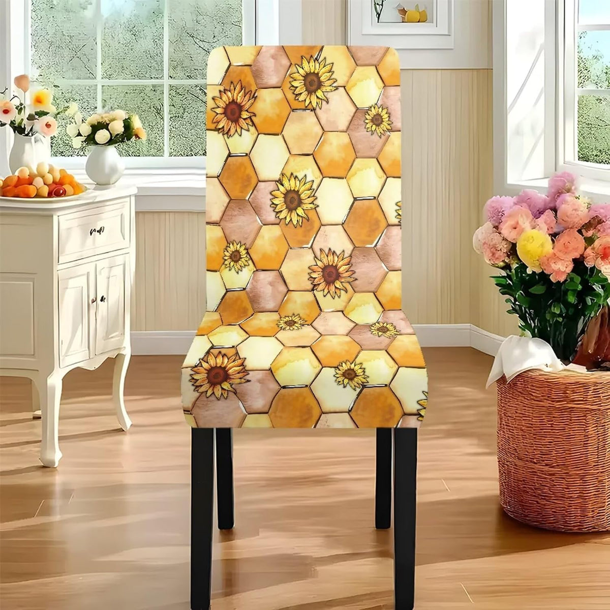 Dining Table Chair Covers 5 Pack, Removable Parsons Chair Slipcovers Dust Proof Tablecloths Scratch Resistant Seat Protector for Dining Room, Sunflower Honeycomb Bee Print Yellow