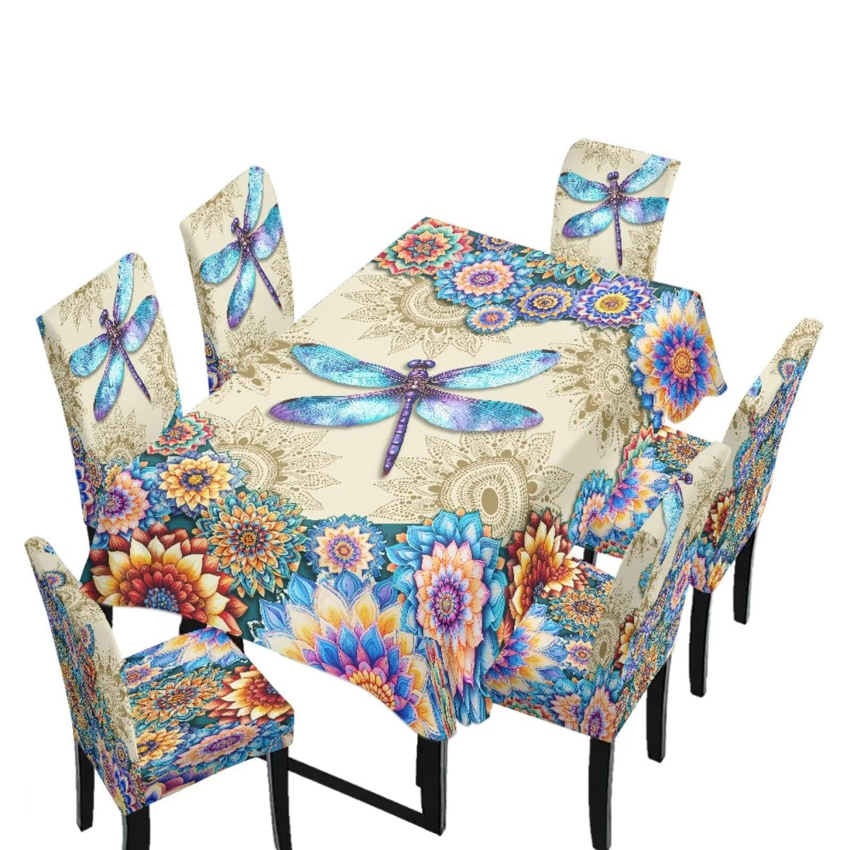 Table Cloth Rectangle Table Set of 5 Include Dining Chair Covers and Tablecloths for Dining Room Banquet, Anti-Scratch Chair Seat Protector Cover, Hummingbird Sunflower Tribe Print
