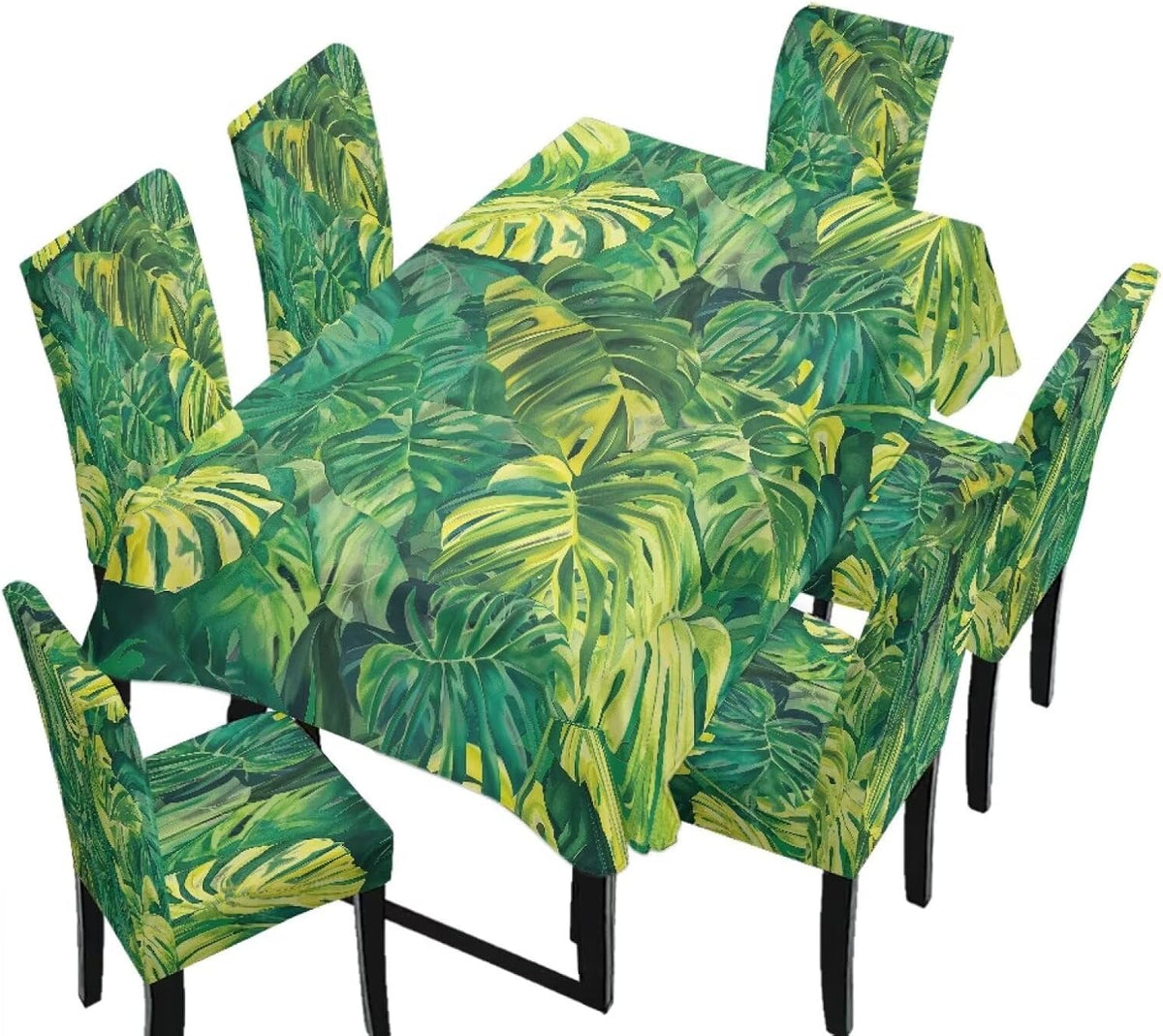 GLENLCWE Monstera Leaf Universal Dining Table Cover with Chairs Dining Table Cover with Chair Covers 7 Pcs, Dust Proof Green Kitchen Party Stretch Elastic Bottom Slipcovers