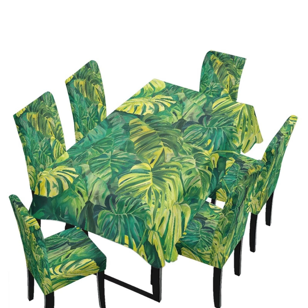 GLENLCWE Monstera Leaf Universal Dining Table Cover with Chairs Dining Table Cover with Chair Covers 7 Pcs, Dust Proof Green Kitchen Party Stretch Elastic Bottom Slipcovers