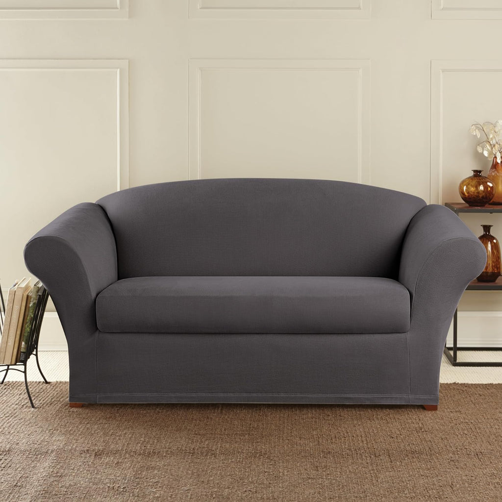 Sure Fit Stretch Oxford 2 Piece Slipcover - Gray - Loveseat