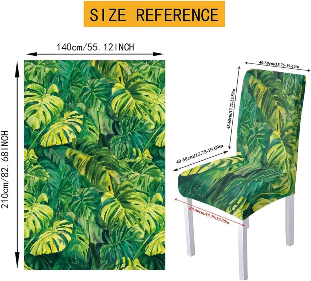 GLENLCWE Monstera Leaf Universal Dining Table Cover with Chairs Dining Table Cover with Chair Covers 7 Pcs, Dust Proof Green Kitchen Party Stretch Elastic Bottom Slipcovers