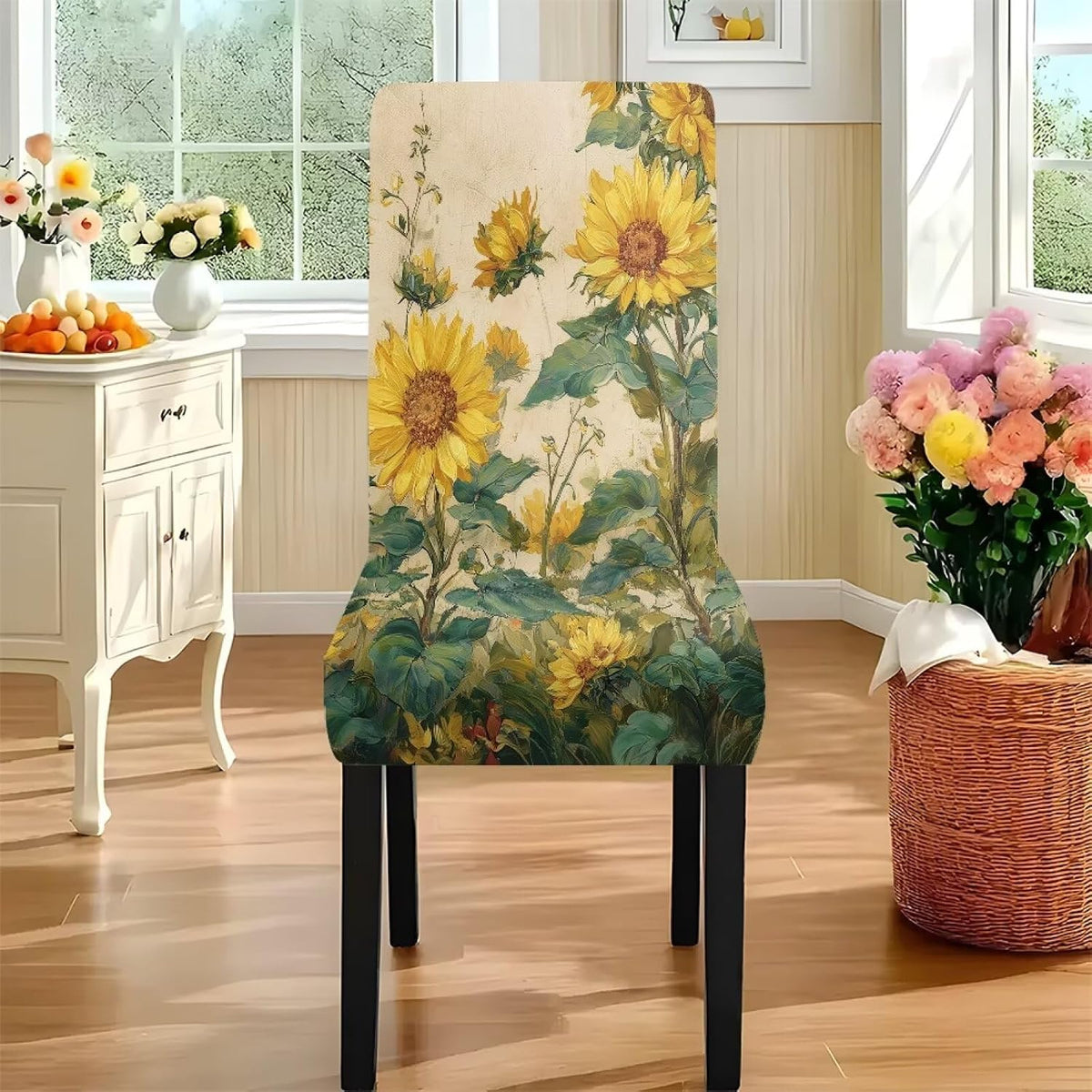 ZDCUSTOM Vintage Table Cloth and Chair Cover Set of 4 Sunflower Tablecloths Rectangular Elegant Chair Covers for Dining Chairs Stain Resistant Decoration