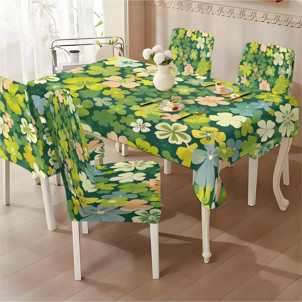 ZDCUSTOM St Patricks Day Table Cloth and Chair Cover Set of 4 Light Green Tablecloths Rectangular Clover Chair Covers for Dining Chairs Stain Resistant Decoration