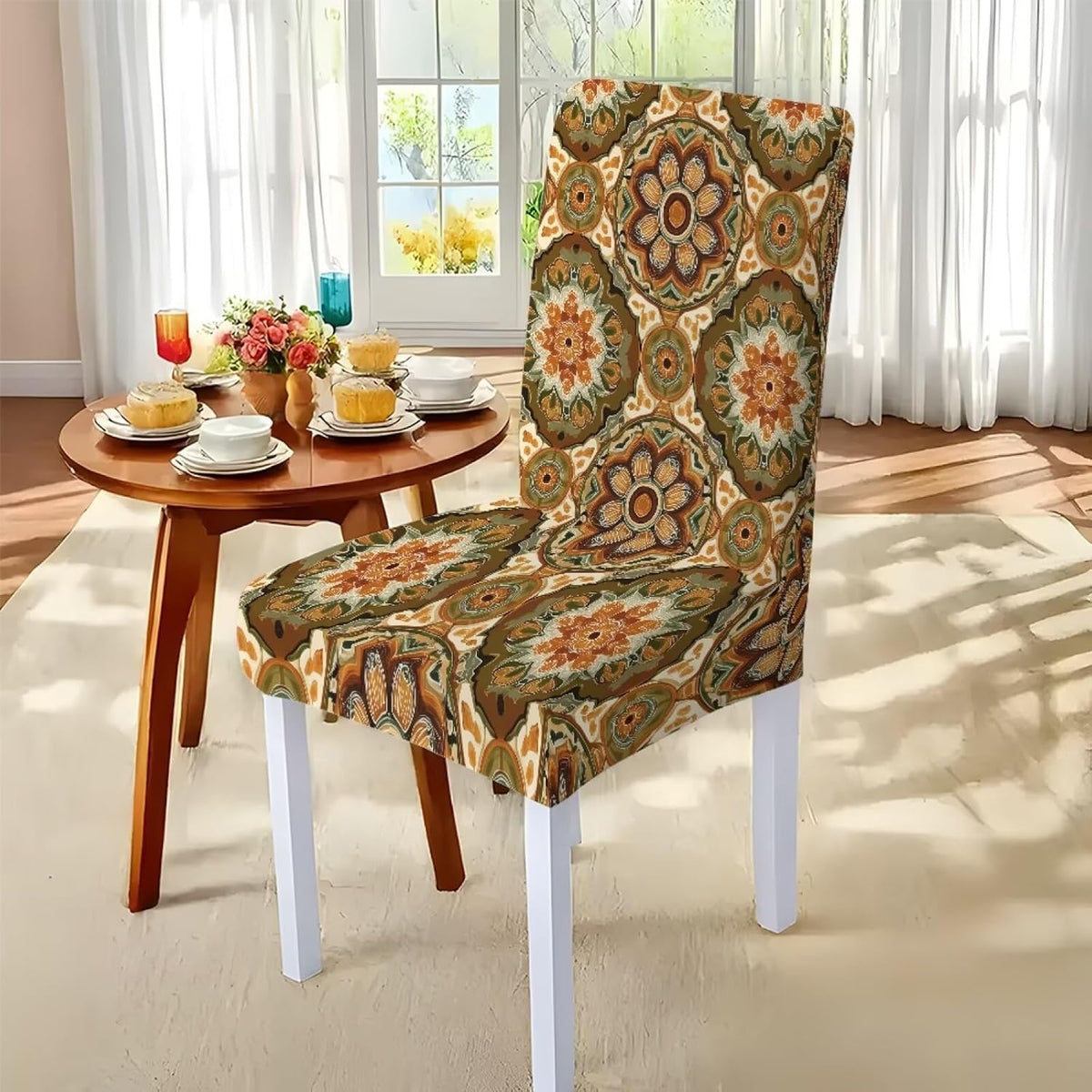 Table Cloth and Dining Chair Covers Set of 5, Kitchen Chair Slipcovers Rectangle Table Cover, Removable Anti-dust Tablecloths Stain Resistant Soft Hotel Decor, Retro Geometry Flower
