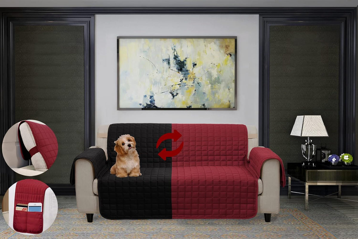 Elegant Comfort Quilted Furniture Protectors Solid and Printed Design Reversible Slipcovers Featuring Elastic Straps and Smart Pockets Great for Pets, Kids and More, Loveseat, Burgundy/Black