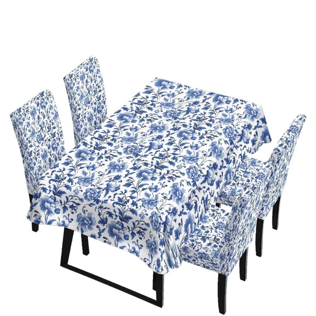 Blue Floral Rectangular Table Cloth & Dining Chair Covers Set of 5, Stain Resistant Wipeable Chair Protectors for Farmhouse Rustic Home Kitchen Party Decor