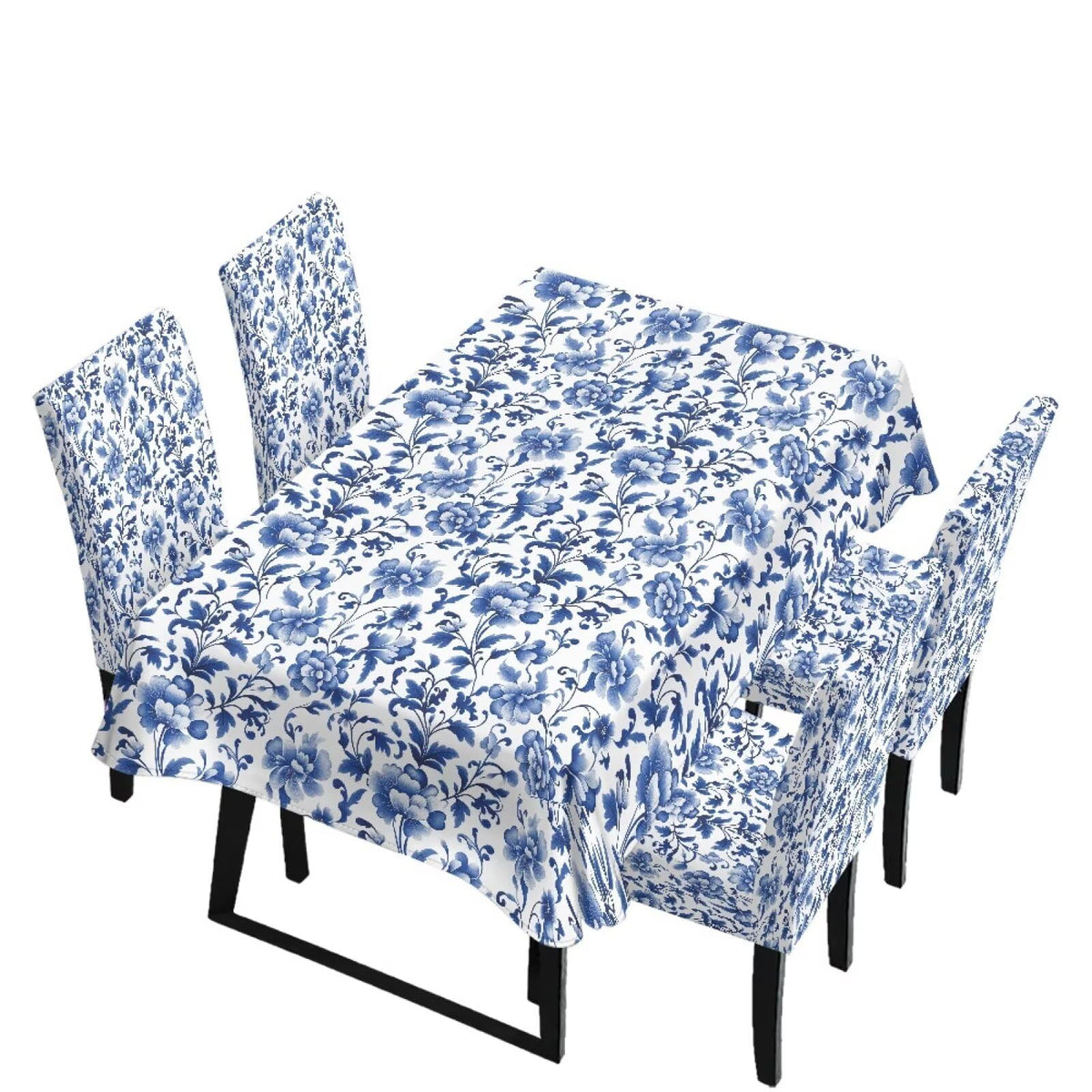 Blue Floral Rectangular Table Cloth & Dining Chair Covers Set of 5, Stain Resistant Wipeable Chair Protectors for Farmhouse Rustic Home Kitchen Party Decor