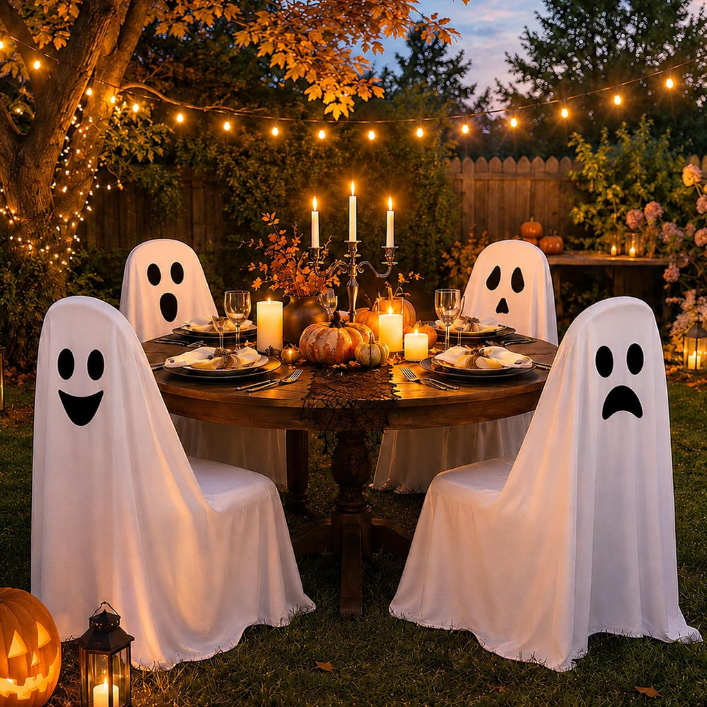 4 Pcs Halloween Chair Covers 59 × 63inch White Ghost Decor