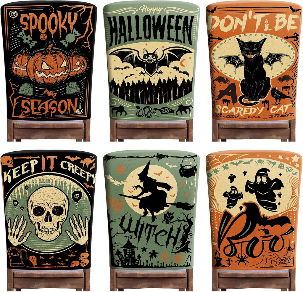 Moukeren 6 Pcs Halloween Chair Cover Set Gothic Halloween Decor Stretch Dining Chair Back Covers Witch Skeleton Pumpkin Black Cat Bat Seat Covers Farmhouse Dining Seat Protector for Home Kitchen Decor