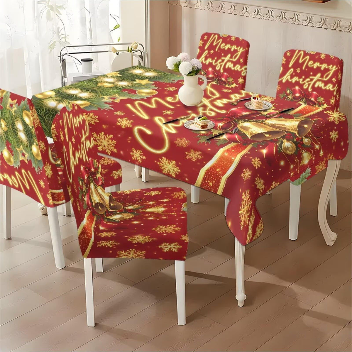 Thanksgiving Themed Dining Room Chair Cover and Tablecloths 5 Packs, Fall Leaf Print Kitchen Chair Seat Slipcovers Anti-Wrinkle Table Protector for Thanksgiving Day Party