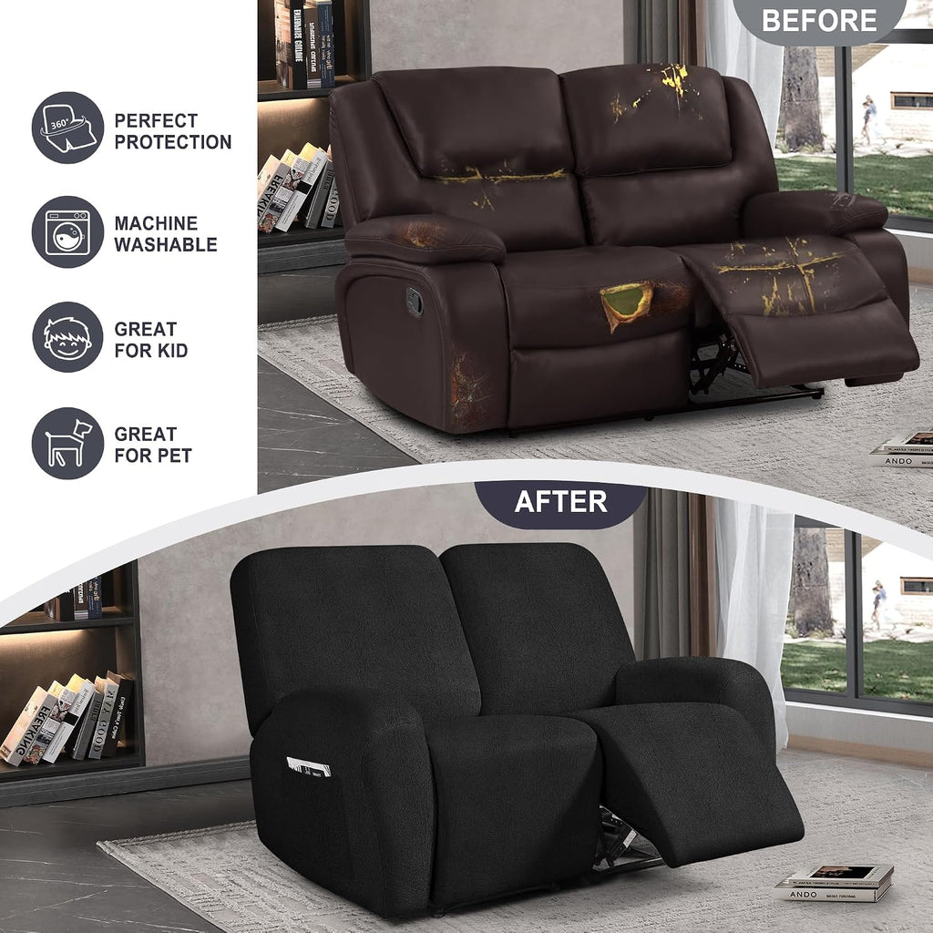 ANARACHON Leather Look Loveseat Recliner Cover, 6-Pieces Stretch Dual Recliner Sofa Covers, Soft Reclining Couch Slipcover, Washable Furniture Protector for Pets (2 Seater,256 Black)