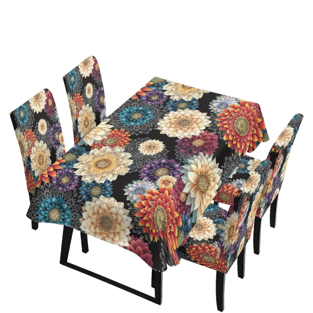 Easter Table Cloth Rectangle Table Set of 7 Include Kitchen Chair Covers and Tablecloths for Dining Room Banquet, Chair Seat Protector Cover, Easter Egg Bunny Floral Print Yellow