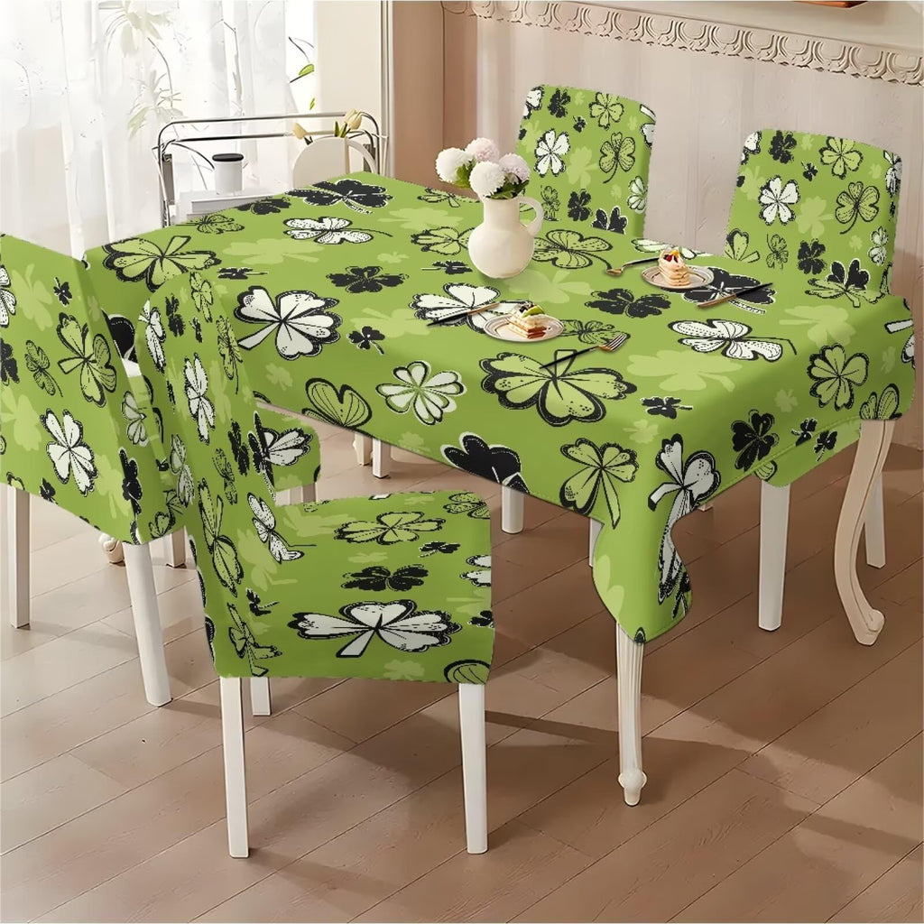 ZDCUSTOM St Patricks Day Table Cloth and Chair Cover Set of 4 Light Green Tablecloths Rectangular Clover Chair Covers for Dining Chairs Stain Resistant Decoration