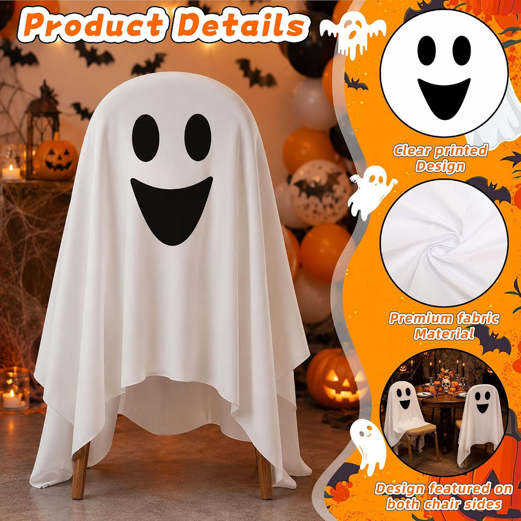 4 Pcs Halloween Chair Covers 59 × 63inch White Ghost Decor