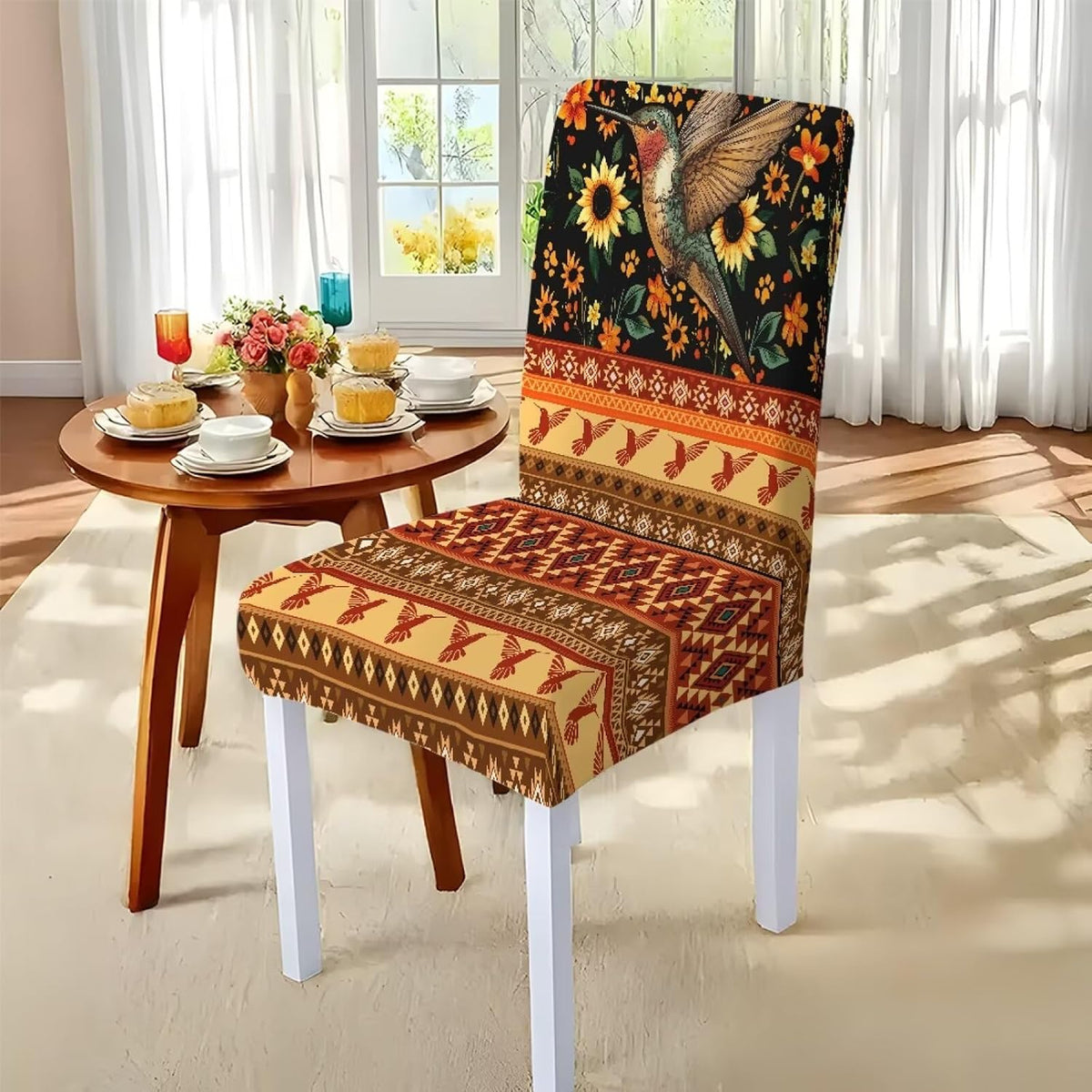 Table Cloth Rectangle Table Set of 5 Include Dining Chair Covers and Tablecloths for Dining Room Banquet, Anti-Scratch Chair Seat Protector Cover, Hummingbird Sunflower Tribe Print