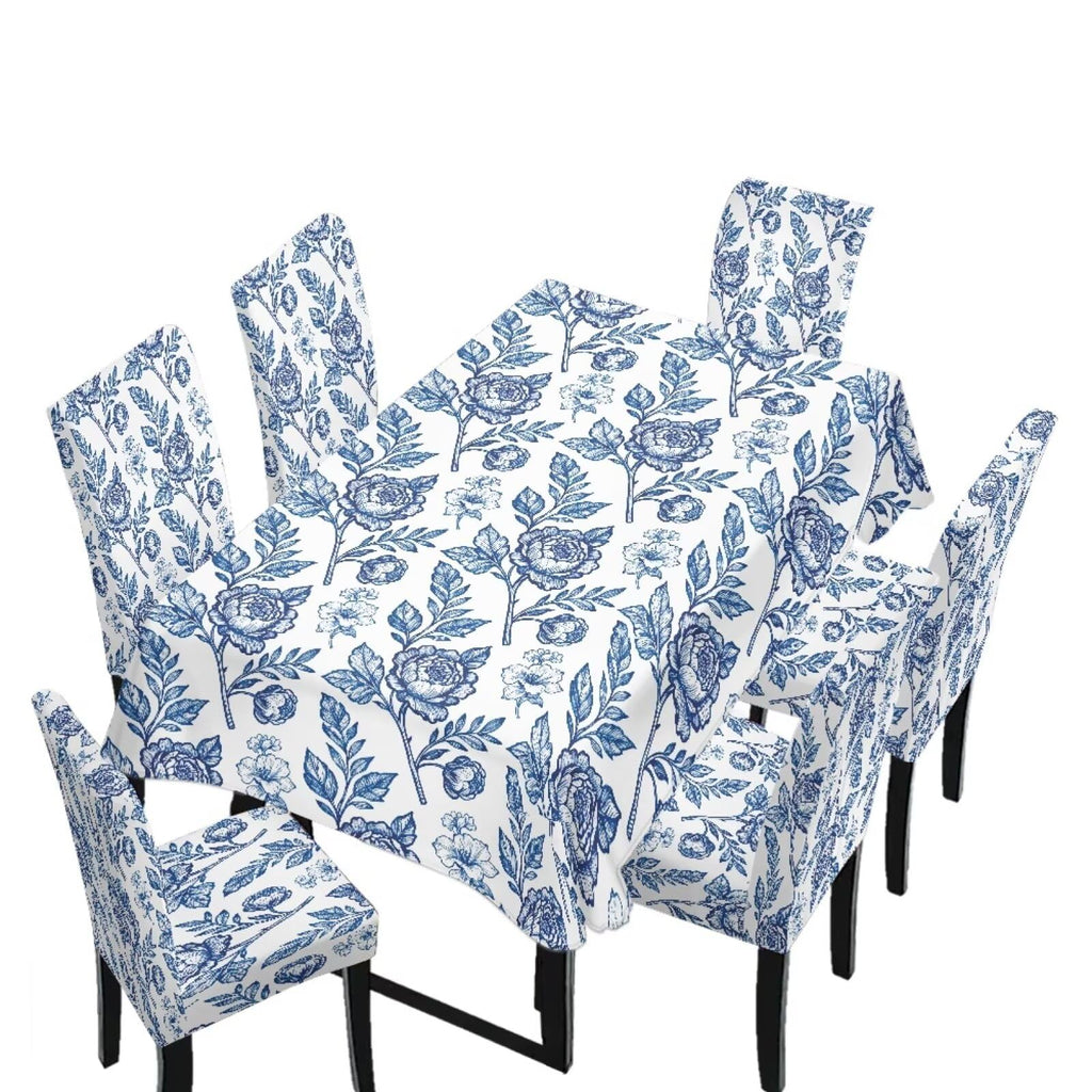 Table Cloth Rectangle Table Set of 7 Include Dining Chair Covers and Tablecloths for Dining Room Kitchen Banquet, Anti-Scratch Chair Seat Cover, Fluid Marble Print Green Gold Brown