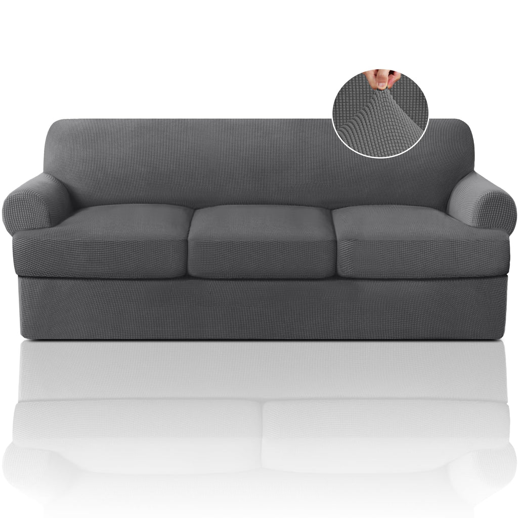 PrinceDeco T Cushion Loveseat Slipcover - 3 Pieces Sofa Cover for 2 Cushion Couch with 2 Individual T Shape Seat Covers Width Up to 76 Inch - Stretch, Machine Washable, Porcelain