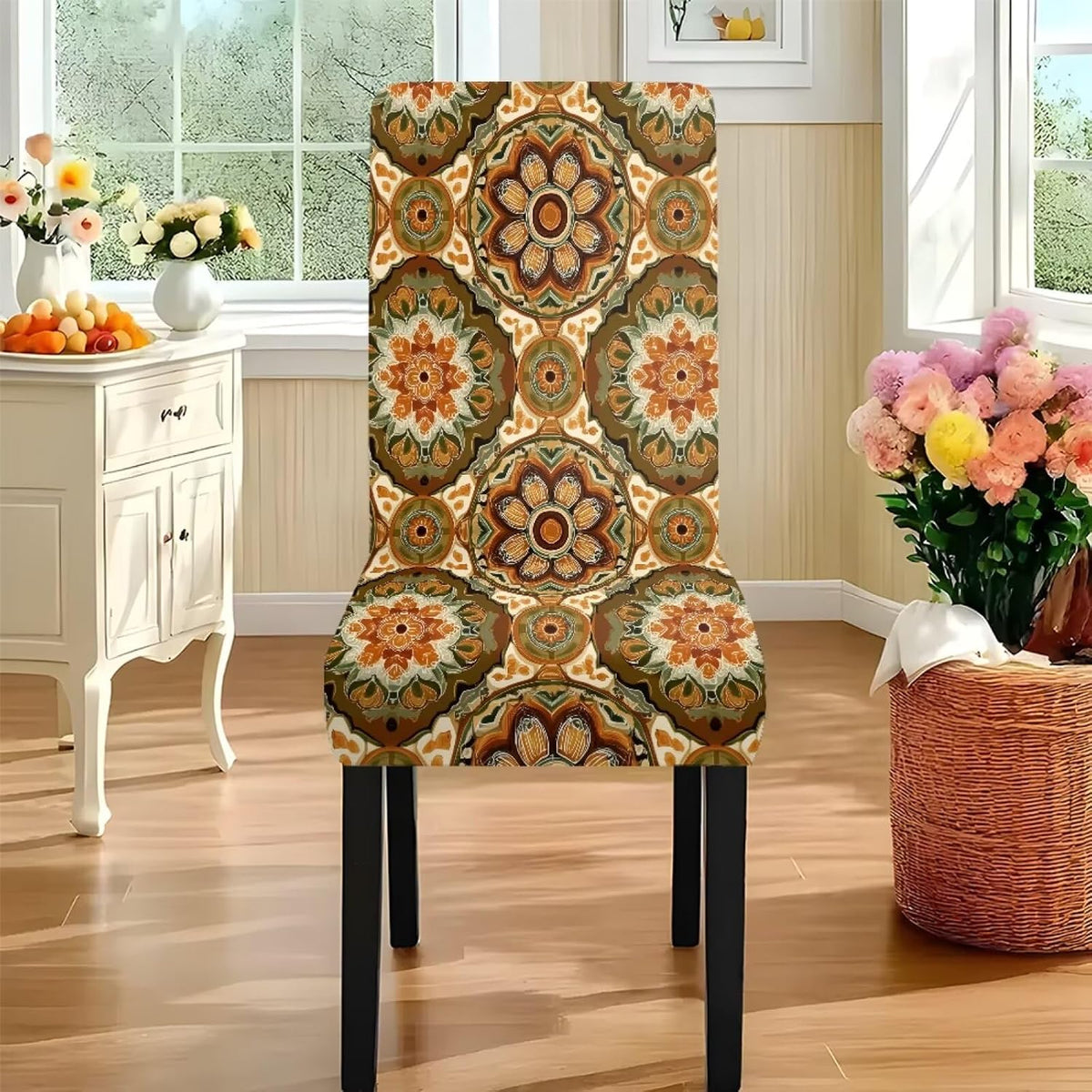 Table Cloth and Dining Chair Covers Set of 5, Kitchen Chair Slipcovers Rectangle Table Cover, Removable Anti-dust Tablecloths Stain Resistant Soft Hotel Decor, Retro Geometry Flower