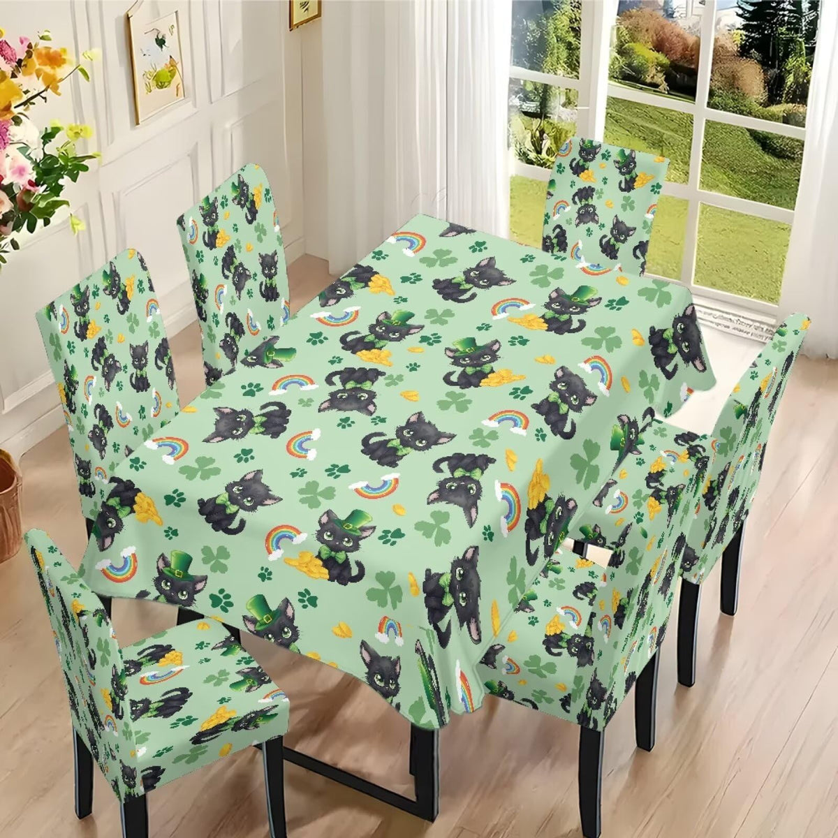 ZDCUSTOM St Patricks Day Table Cloth and Chair Cover Set of 4 Green Tablecloths Rectangular Festive Chair Covers for Dining Chairs St. Patrick’s Day Decoration