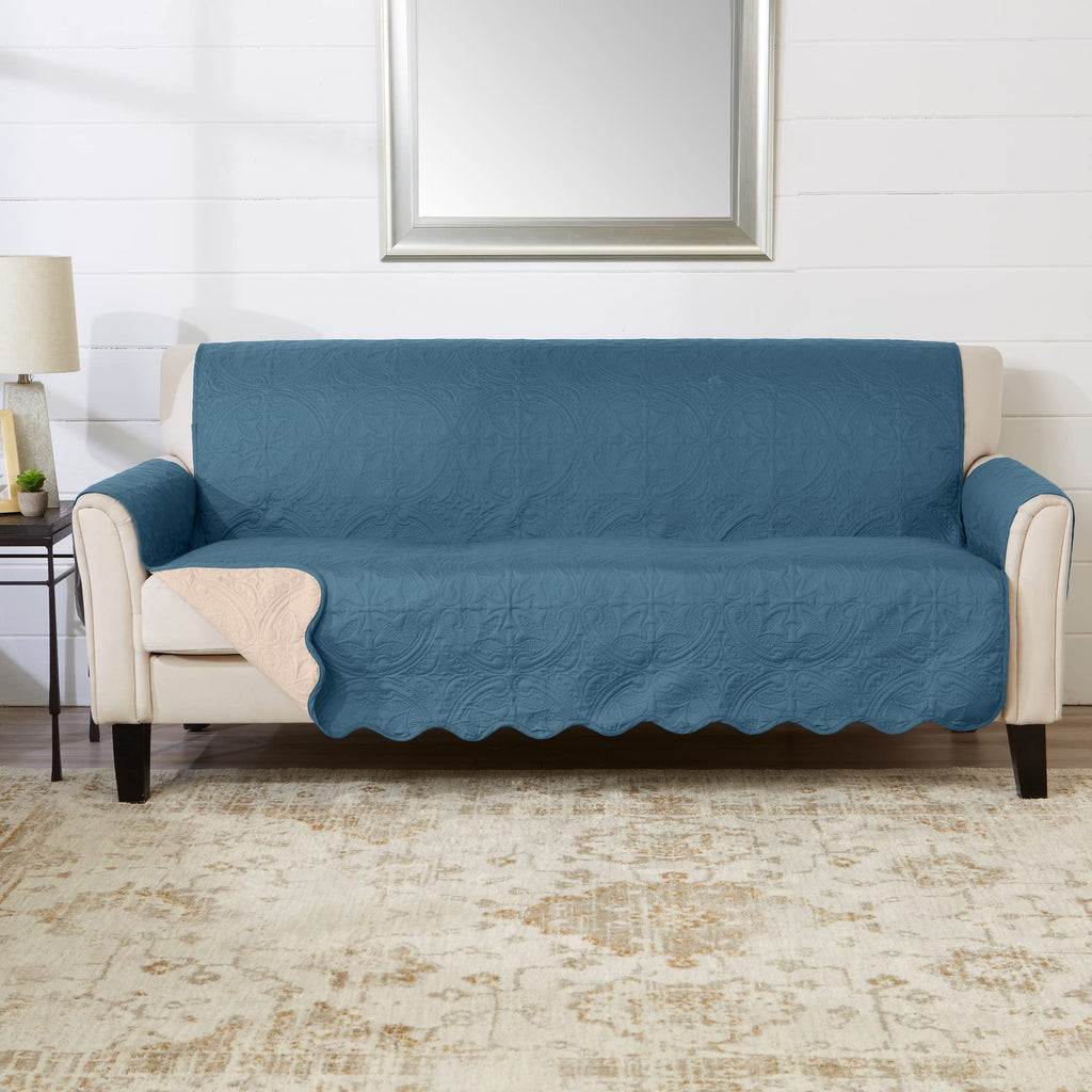 Great Bay Home Reversible Patchwork Loveseat Cover - Washable Slipcover Furniture Protector with Elastic Straps - Perfect for Kids & Pets - Box-Stitched Detail (Taupe)