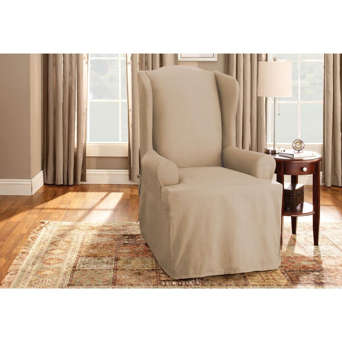 SureFit Cotton Duck Loveseat Box Cushion One Piece Slipcover, Furniture Cover, Relaxed Woven Fit, 100% Cotton, Machine Washable, Gray