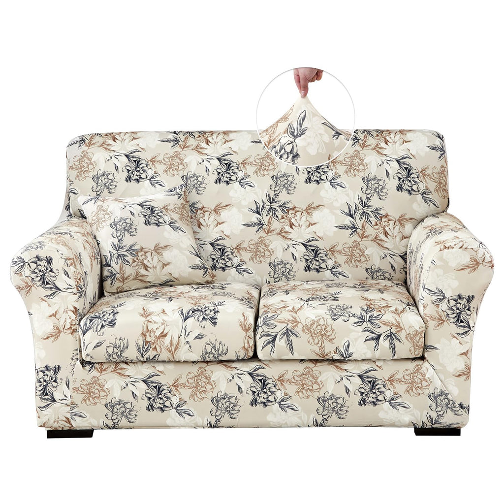 Stretch Printed Sofa Cover Couch Covers, 4-PieceLoveseat Slipcovers with 2 Separate Cushion Cover & 1 Pillow Case, Washable Soft Spandex Furniture Protector for Living Room(Loveseat, Flower)