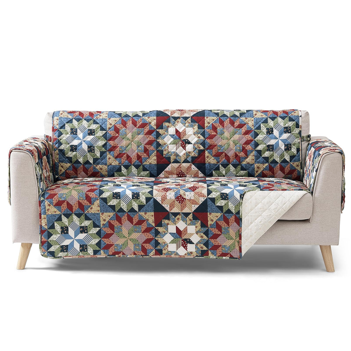 Patchwork Loveseat Covers for 2 Cushion Couch, Soft Quilted Couch Covers, Love Seat Couch Cover Pet Friendly for Sofa Couches, Washable Loveseat Slipcovers (Loveseat 48", Patchwork Red)