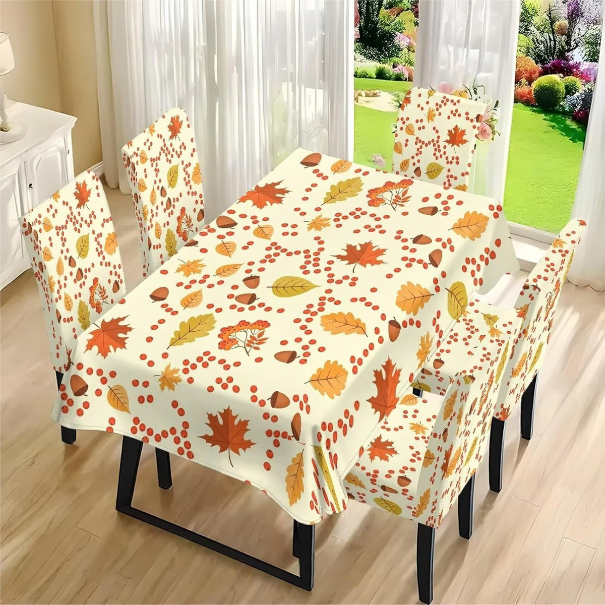 Thanksgiving Themed Dining Room Chair Cover and Tablecloths 5 Packs, Fall Leaf Print Kitchen Chair Seat Slipcovers Anti-Wrinkle Table Protector for Thanksgiving Day Party