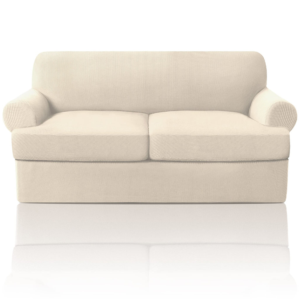 PrinceDeco T Cushion Loveseat Slipcover - 3 Pieces Sofa Cover for 2 Cushion Couch with 2 Individual T Shape Seat Covers Width Up to 76 Inch - Stretch, Machine Washable, Porcelain