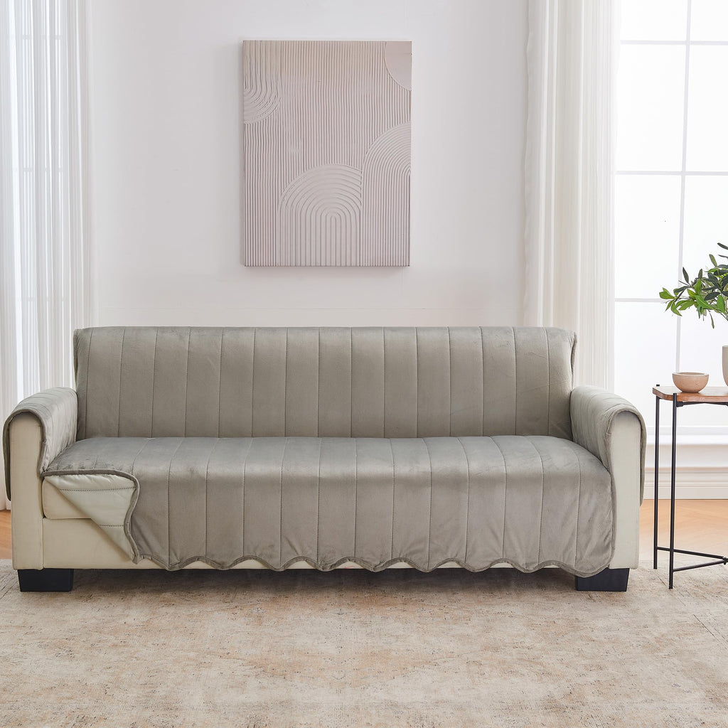 Great Bay Home Reversible Patchwork Loveseat Cover - Washable Slipcover Furniture Protector with Elastic Straps - Perfect for Kids & Pets - Box-Stitched Detail (Taupe)