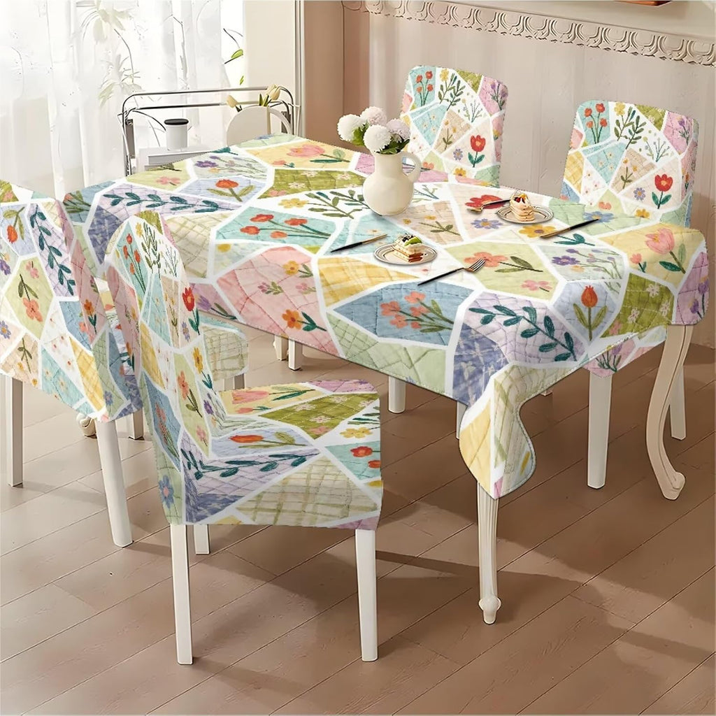 5 Pcs Table Cover Chair Covers Set Coloful Floral Dustproof Kitchen Seat Covers Set of 4 with Table Cover for Home Decor Soft Furniture Protector for Wedding Party Banquet