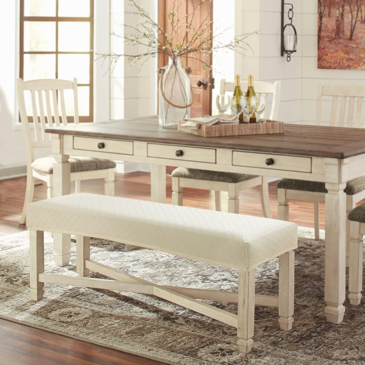 Fuloon Stretch Jacquard Dining Bench Cover - Anti-Dust Removable Bench Slipcover Washable Seat Cushion Protector for Bedroom, Kitchen, Hotel, Banquet (Beige)