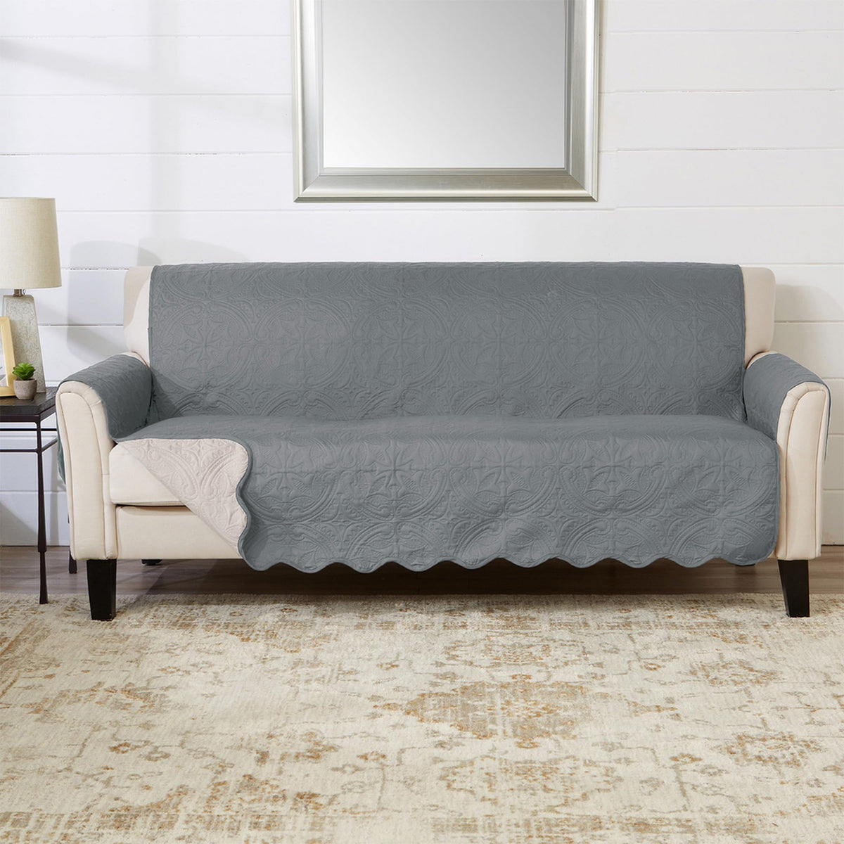 Great Bay Home Reversible Patchwork Sofa Cover - Washable Slipcover Furniture Protector with Elastic Straps - Perfect for Kids & Pets - Box-Stitched Detail (Taupe)