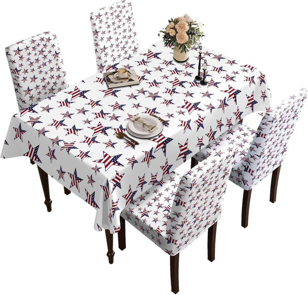 Table and Chair Decoration Protective Cover, with American Flag Star Pattern Background, Dirt Resistant, Detachable and Washable, Suitable for Chair Decoration (4PC Chair Cover+1PC Tablecloth)