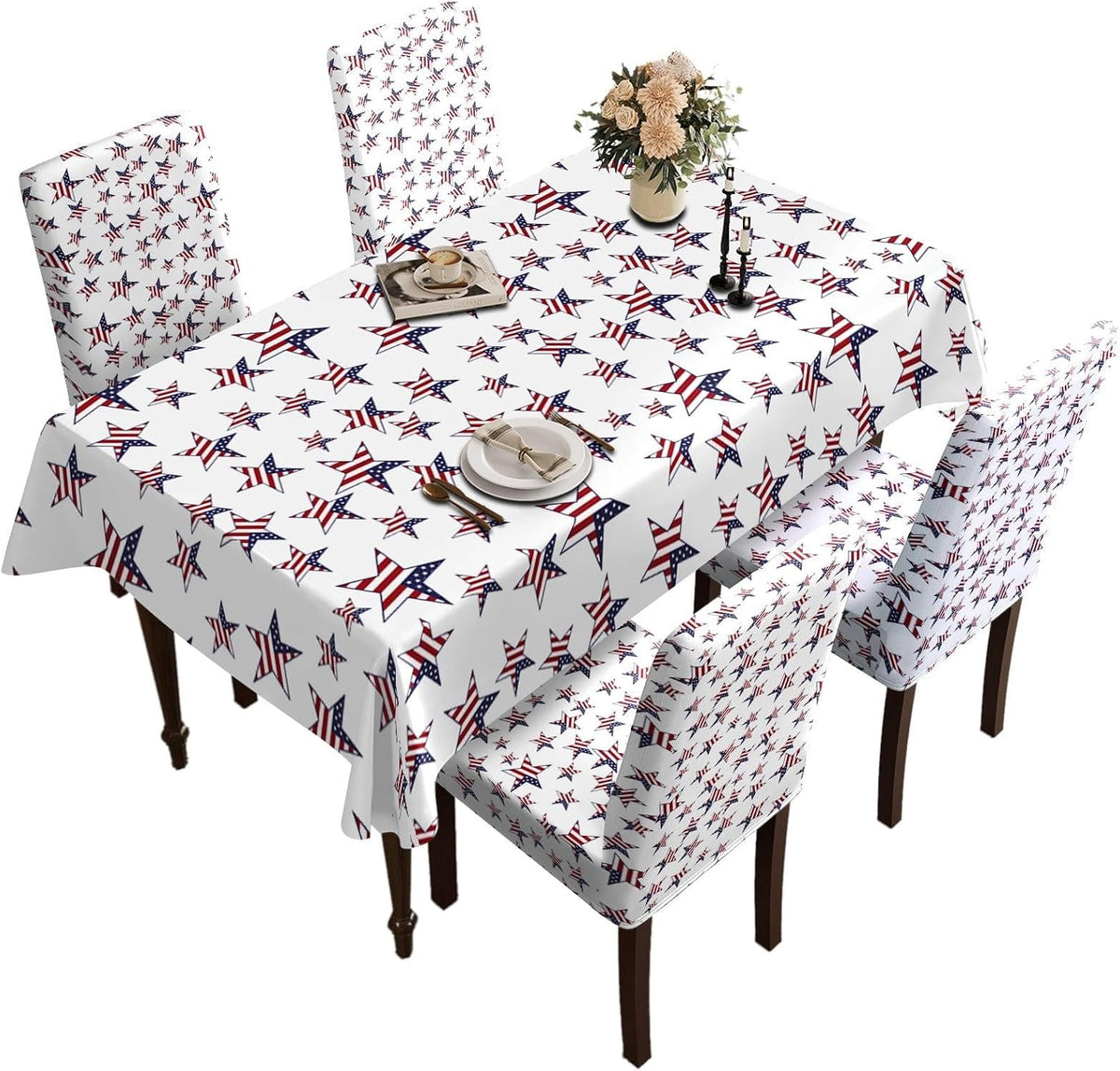 Table and Chair Decoration Protective Cover, with American Flag Star Pattern Background, Dirt Resistant, Detachable and Washable, Suitable for Chair Decoration (4PC Chair Cover+1PC Tablecloth)