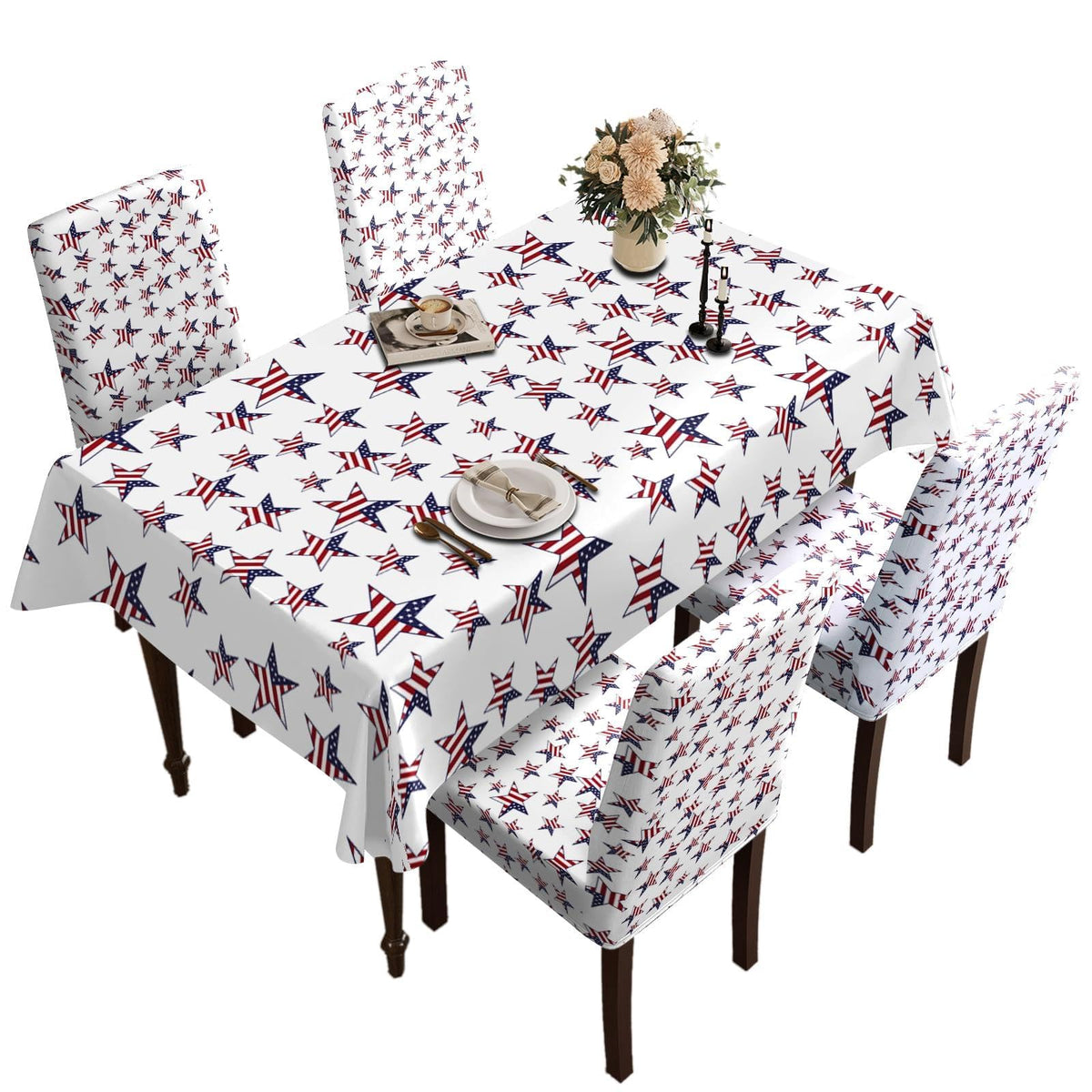 Table and Chair Decoration Protective Cover, with American Flag Star Pattern Background, Dirt Resistant, Detachable and Washable, Suitable for Chair Decoration (4PC Chair Cover+1PC Tablecloth)