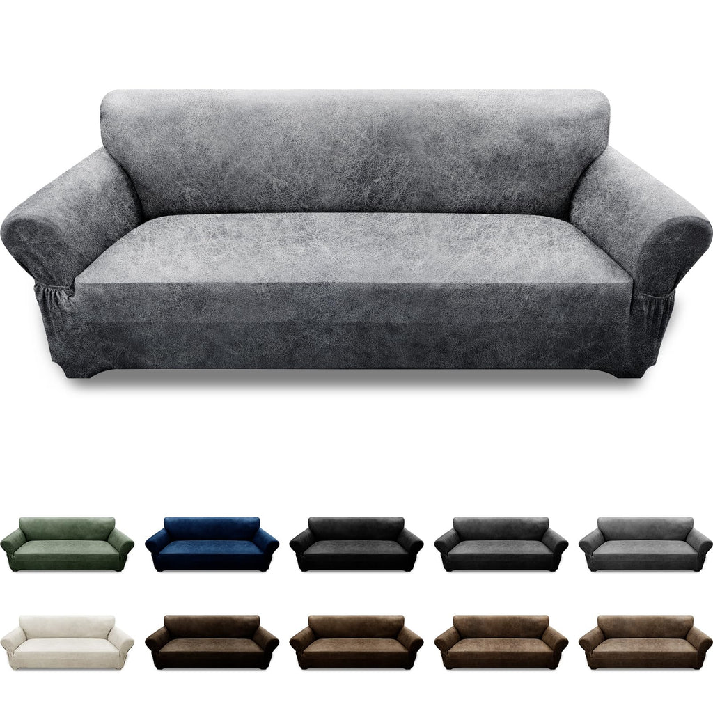 3-Pieces T Cushion Loveseat Slipcovers Leather Look Couch Cover Loveseat Covers for 2 Cushion Couch Furniture Protector Stretch Sofa Cover with 2 Individual T Cushion Seat Covers, Brown