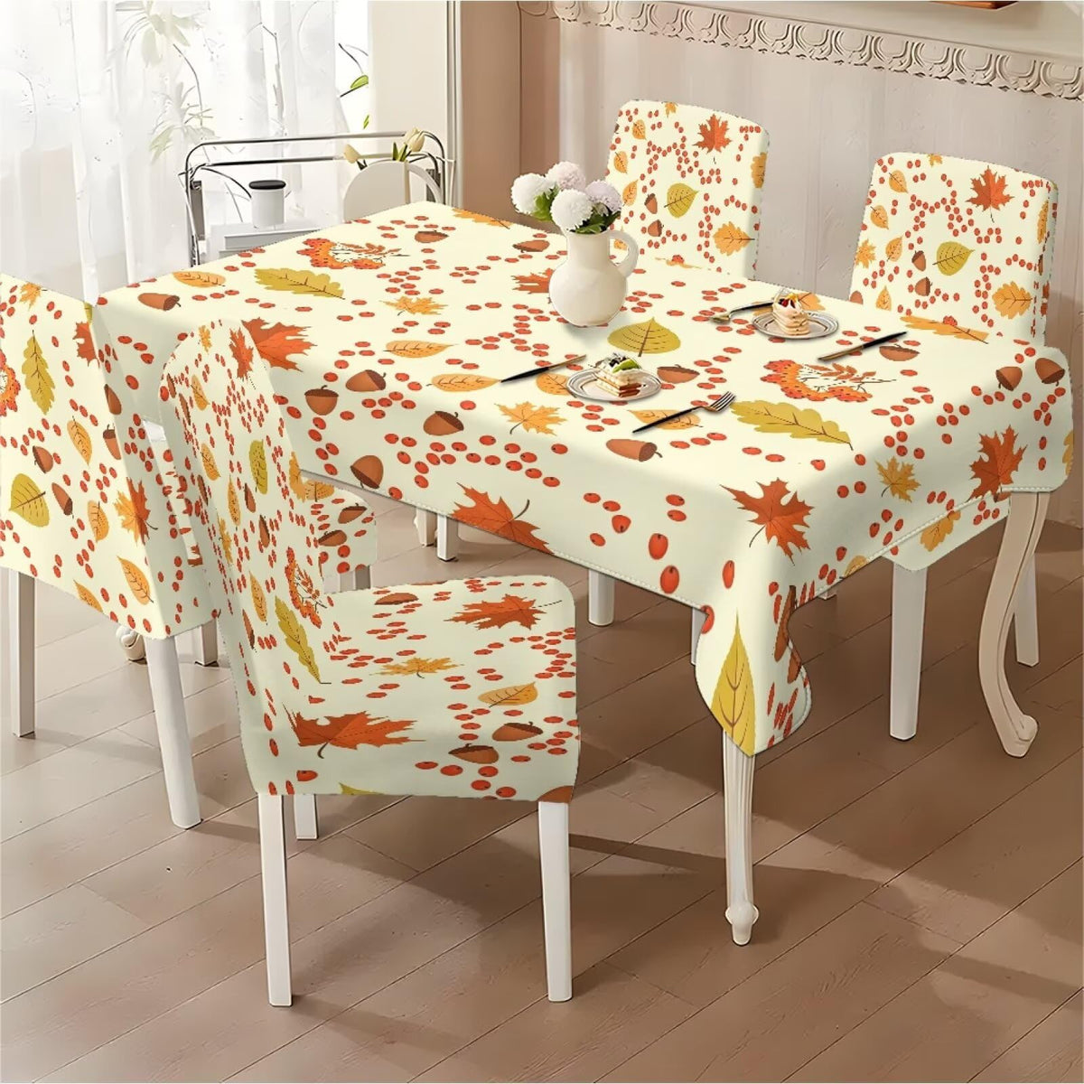 Thanksgiving Themed Dining Room Chair Cover and Tablecloths 5 Packs, Fall Leaf Print Kitchen Chair Seat Slipcovers Anti-Wrinkle Table Protector for Thanksgiving Day Party