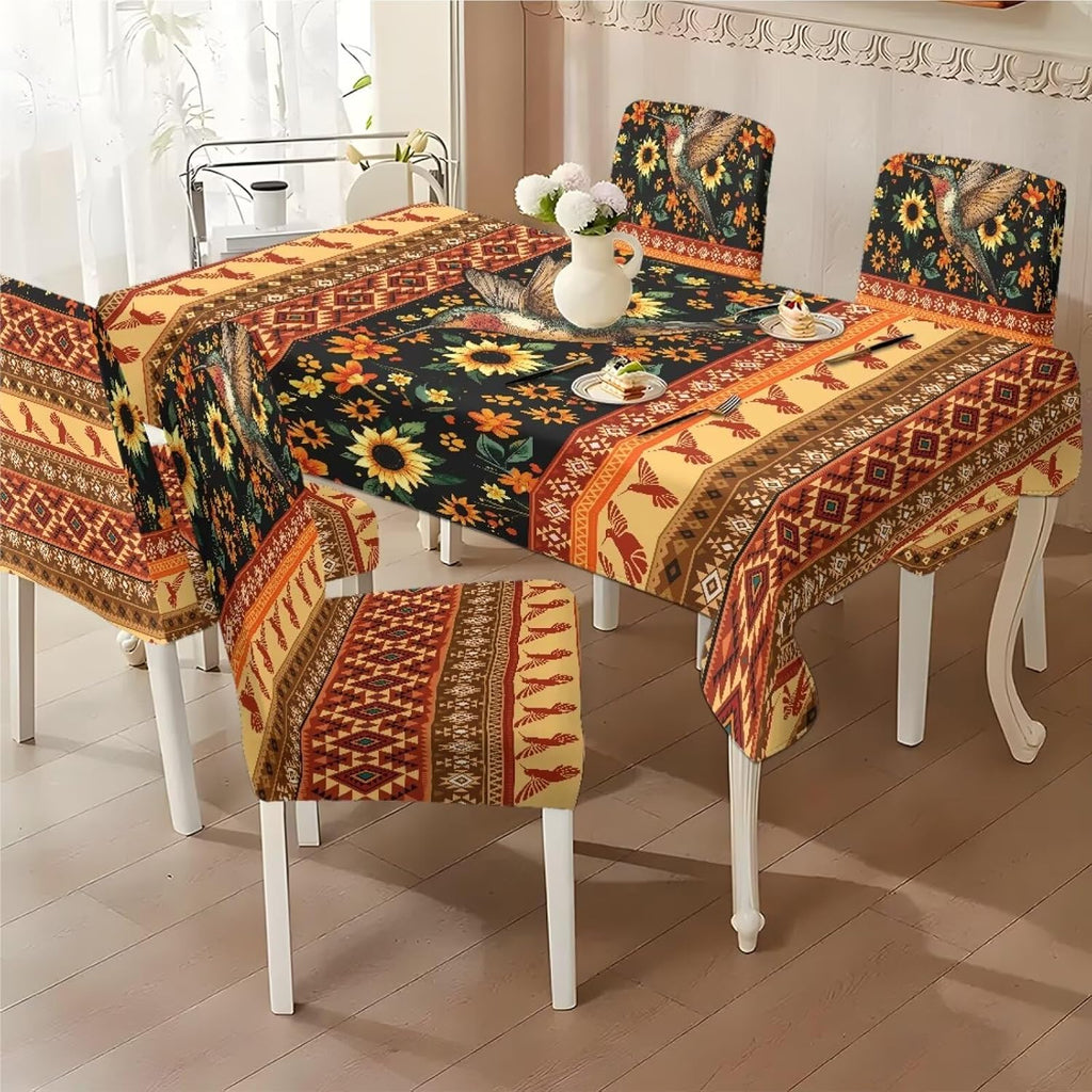 Table Cloth Rectangle Table Set of 5 Include Dining Chair Covers and Tablecloths for Dining Room Banquet, Anti-Scratch Chair Seat Protector Cover, Hummingbird Sunflower Tribe Print
