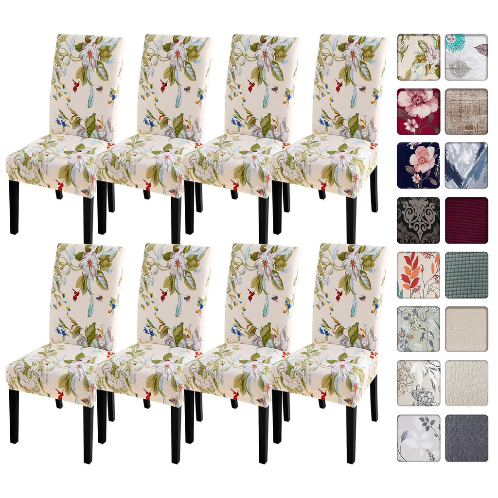 SearchI Chair Covers Slipcovers Set of 4, Spandex Super Fit Stretch Removable Washable Kitchen Parsons Protector for Dining Room,Hotel,Ceremony,Beige+Flowers