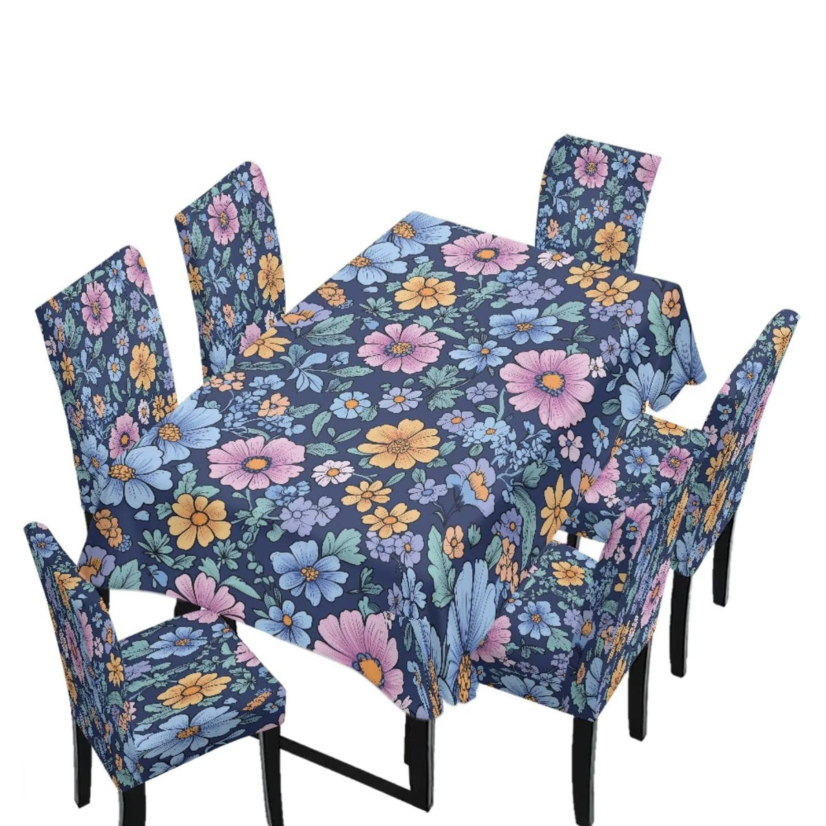 Table Cloth Rectangle Table Set of 7 Include Dining Chair Covers and Tablecloths for Dining Room Kitchen Banquet, Anti-Scratch Chair Seat Cover, Fluid Marble Print Green Gold Brown
