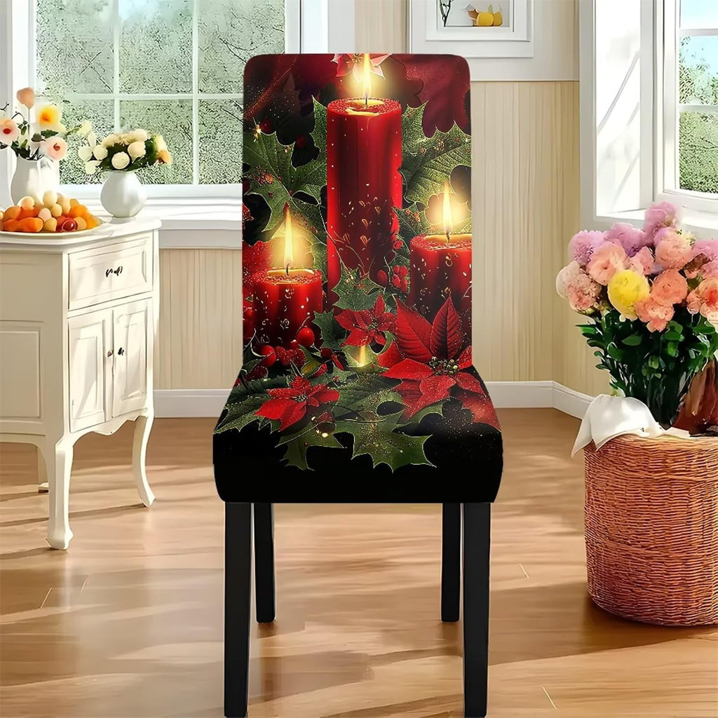 Fitted Tablecloth with Chair Covers Set,Christmas Candle Washable Dining Room Chair Covers Set of 4/6 with Farmhouse Table Cover for Home Hotel Restaurant, 5pcs/7pcs
