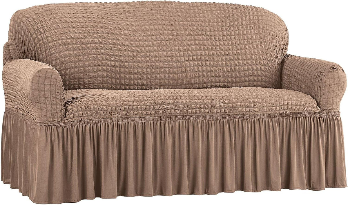Collections Etc Textured Squares Ruffled Slipcover Taupe Loveseat