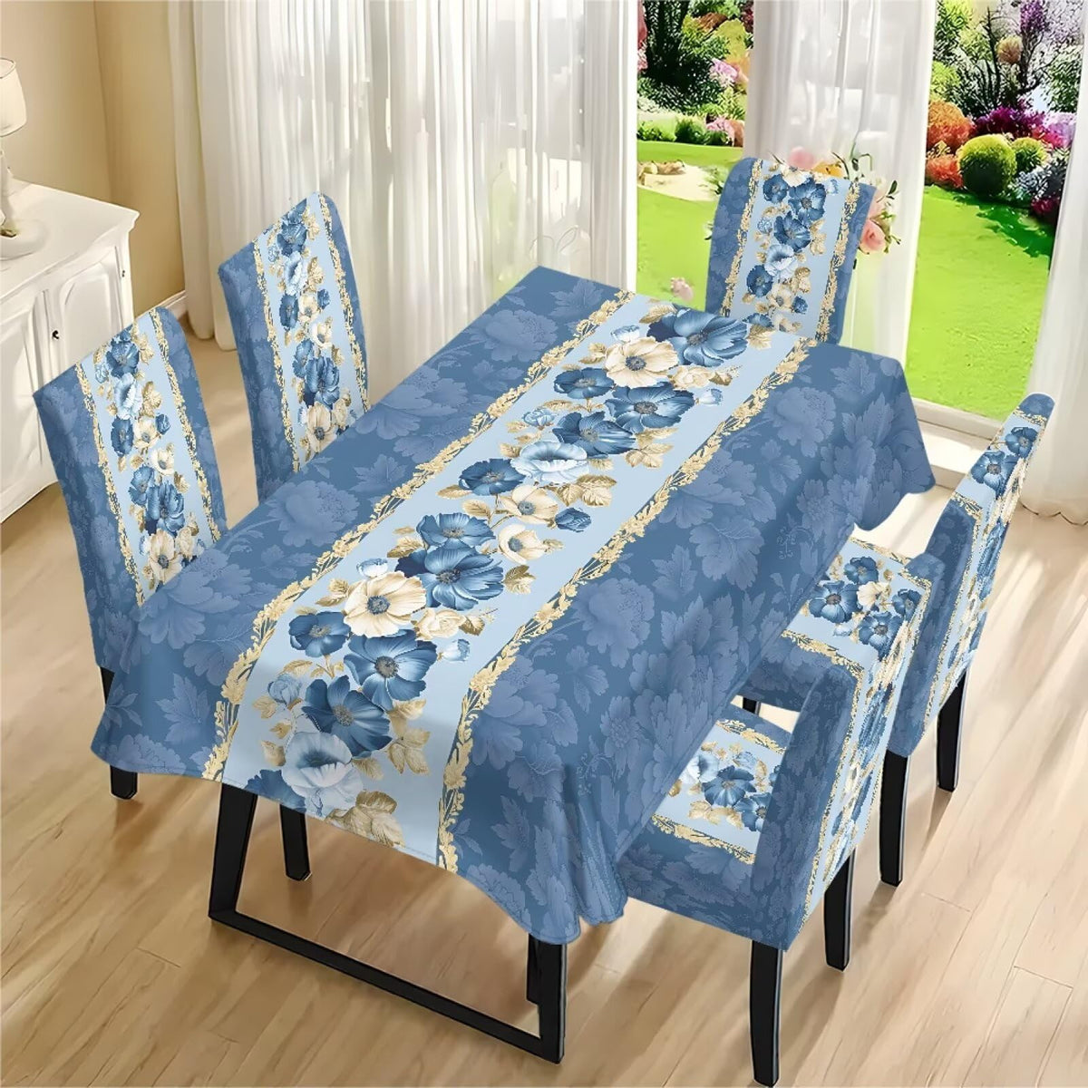 Thanksgiving Themed Dining Room Chair Cover and Tablecloths 5 Packs, Fall Leaf Print Kitchen Chair Seat Slipcovers Anti-Wrinkle Table Protector for Thanksgiving Day Party