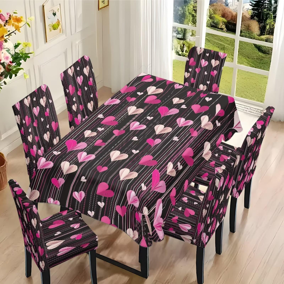 ZDCUSTOM Valentines Table Cloth and Chair Cover Set of 4 Romantic Tablecloths Rectangular Pink Chair Covers for Dining Chairs Stain Resistant Decoration