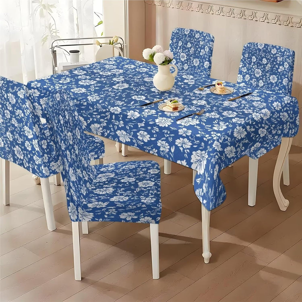 Table Cloth and Dining Chair Covers Set of 5, Kitchen Chair Slipcovers Rectangle Table Cover, Removable Anti-dust Tablecloths Stain Resistant Soft Hotel Decor, Blue Retro Floral