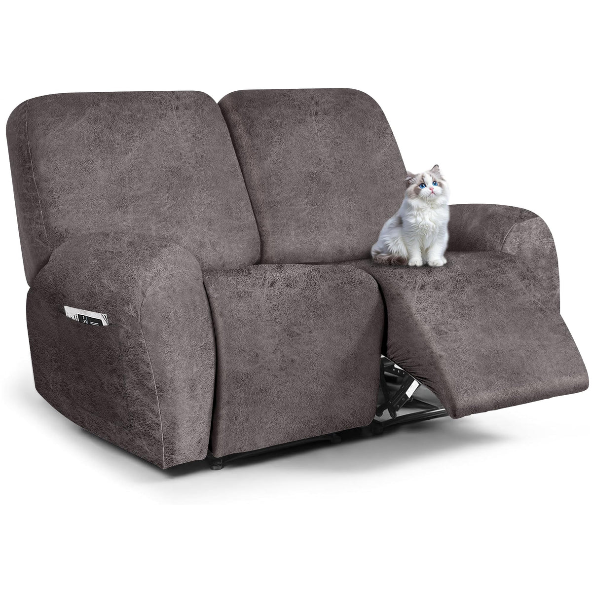 ANARACHON Leather Look Loveseat Recliner Cover, 6-Pieces Stretch Dual Recliner Sofa Covers, Soft Reclining Couch Slipcover, Washable Furniture Protector for Pets (2 Seater,256 Black)