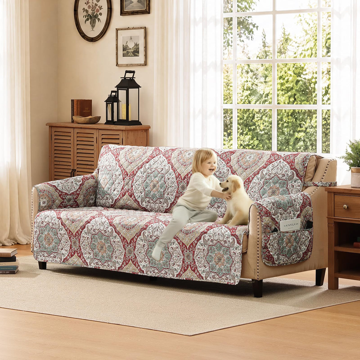 Patchwork Loveseat Covers for 2 Cushion Couch, Soft Quilted Couch Covers, Love Seat Couch Cover Pet Friendly for Sofa Couches, Washable Loveseat Slipcovers (Loveseat 48", Patchwork Red)